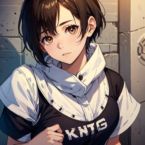 a beautiful girl, boyish, very very short hair, brown hair, head shot, brown eyes,