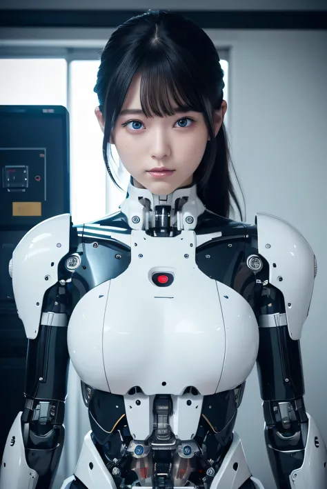 masterpiece, best quality, extremely detailed, 8K portrait,1girl in, Japaese android girl,android teacher,Plump , control panels,android,Droid,Mechanical Hand, ,Robot arms and legs, Black hair,Mechanical body,Blunt bangs,White Robotics Parts,perfect robot woman,Charging spot,perfect mechanical body,white robotics body,android assembly plant,white body,She has repaired,black sponge joints,android,laboratory,perfect machine body,white robot body,blue eyes