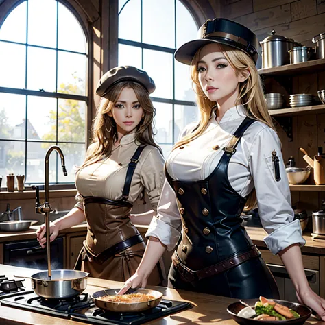A photorealistic, UHD picture of 2 girls one blonde girl and one brunette girl, both wearing steampunk female chefs wearing chef...