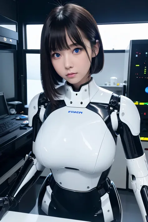 masterpiece, best quality, extremely detailed, 8K portrait,1girl in, Japaese android girl,android teacher,Plump , control panels,android,Droid,Mechanical Hand, ,Robot arms and legs, Black hair,Mechanical body,Blunt bangs,White Robotics Parts,perfect robot woman,Charging spot,perfect mechanical body,white robotics body,android assembly plant,white body,She has repaired,black sponge joints,android,laboratory,perfect machine body,white robot body,blue eyes