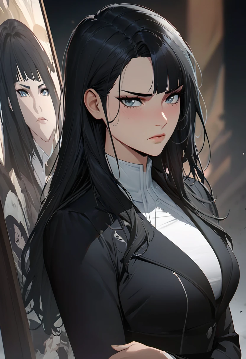 (masterpiece high quality) Arcane, caitlyn, black hair, 1girl, 独奏, long hair, bangs, black attire, funeral, sad, messy hair, suit a drawing of a woman with black hair and a white shirt, nico robin, style of charlie bowater, in style of charlie bowater, arte do personagem Charlie Bowater, badass pose, anime style character, joao ruas, inspired by Li Shida, highly detailed exquisite fanart, neoartcore e charlie bowater, made with anime painter studio, high quality fanart
