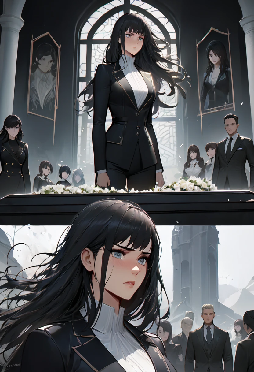 (masterpiece high quality) Arcane, caitlyn, black hair, 1girl, 独奏, long hair, bangs, black attire, funeral, sad, messy hair, suit a drawing of a woman with black hair and a white shirt, nico robin, style of charlie bowater, in style of charlie bowater, arte do personagem Charlie Bowater, badass pose, anime style character, joao ruas, inspired by Li Shida, highly detailed exquisite fanart, neoartcore e charlie bowater, made with anime painter studio, high quality fanart
