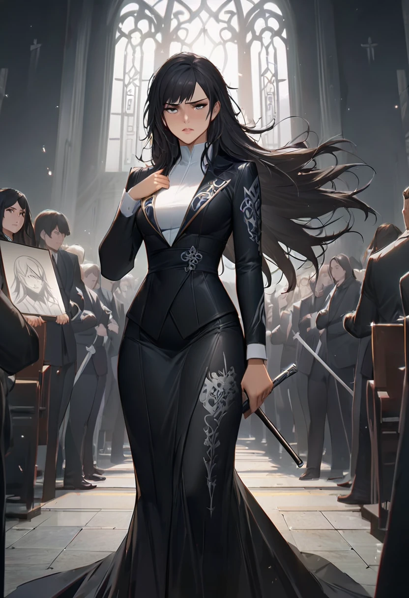 (masterpiece high quality) Arcane, caitlyn, black hair, 1girl, 独奏, long hair, bangs, black attire, funeral, sad, messy hair, suit a drawing of a woman with black hair and a white shirt, nico robin, style of charlie bowater, in style of charlie bowater, arte do personagem Charlie Bowater, badass pose, anime style character, joao ruas, inspired by Li Shida, highly detailed exquisite fanart, neoartcore e charlie bowater, made with anime painter studio, high quality fanart
