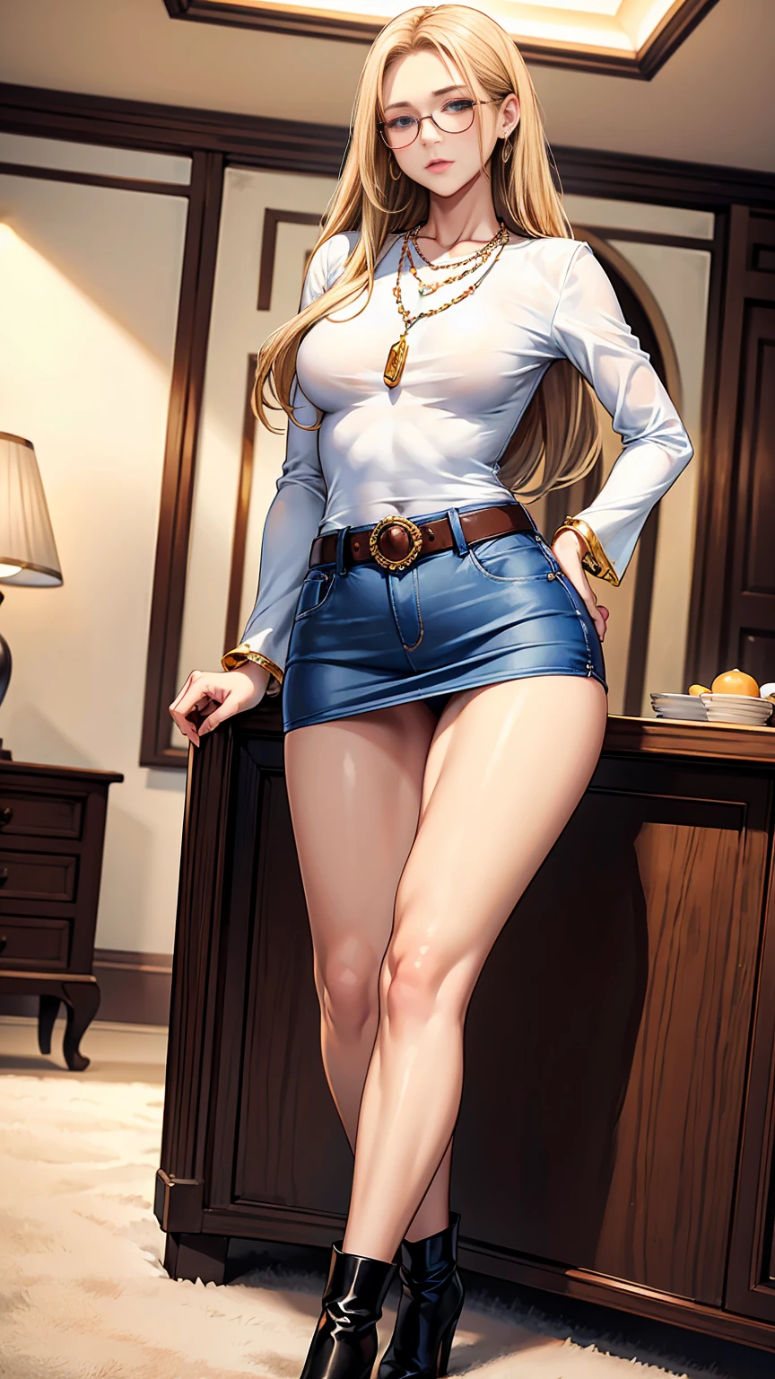 Beautiful woman with mid straight blond hair with blue eyes wearing Tight Jeans Skirt With Leather Belt, White Mid Sleeves Shirt, luxurious jewelry and luxurious necklace, rimless glasses, high heel boots, standing in her living room at night, (caucasian skin), (light brown lipstick), (elegant mascara), (slim body with abs), (small breasts), (wide hips), midjourney, <lora:GoodHands-, <lora:GoodLegs-, UHD, high resolution, (masterpiece:1.9, best quality), (expressive eyes, perfect face, full body, expressive face, perfect body, perfect pussy, athletic, fit, slim body, blushing, Perfect makeup, eyeliner, beautiful eyelashes, smiling, horny face), ((best illumination, best shadows)), ((sexy pose))