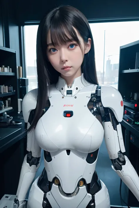 masterpiece, best quality, extremely detailed, 8K portrait,1girl in, Japaese android girl,android teacher,Plump , control panels,android,Droid,Mechanical Hand, ,Robot arms and legs, Black hair,Mechanical body,Blunt bangs,White Robotics Parts,perfect robot woman,Charging spot,perfect mechanical body,white robotics body,android assembly plant,white body,She has repaired,black sponge joints,android,laboratory,perfect machine body,white robot body,blue eyes