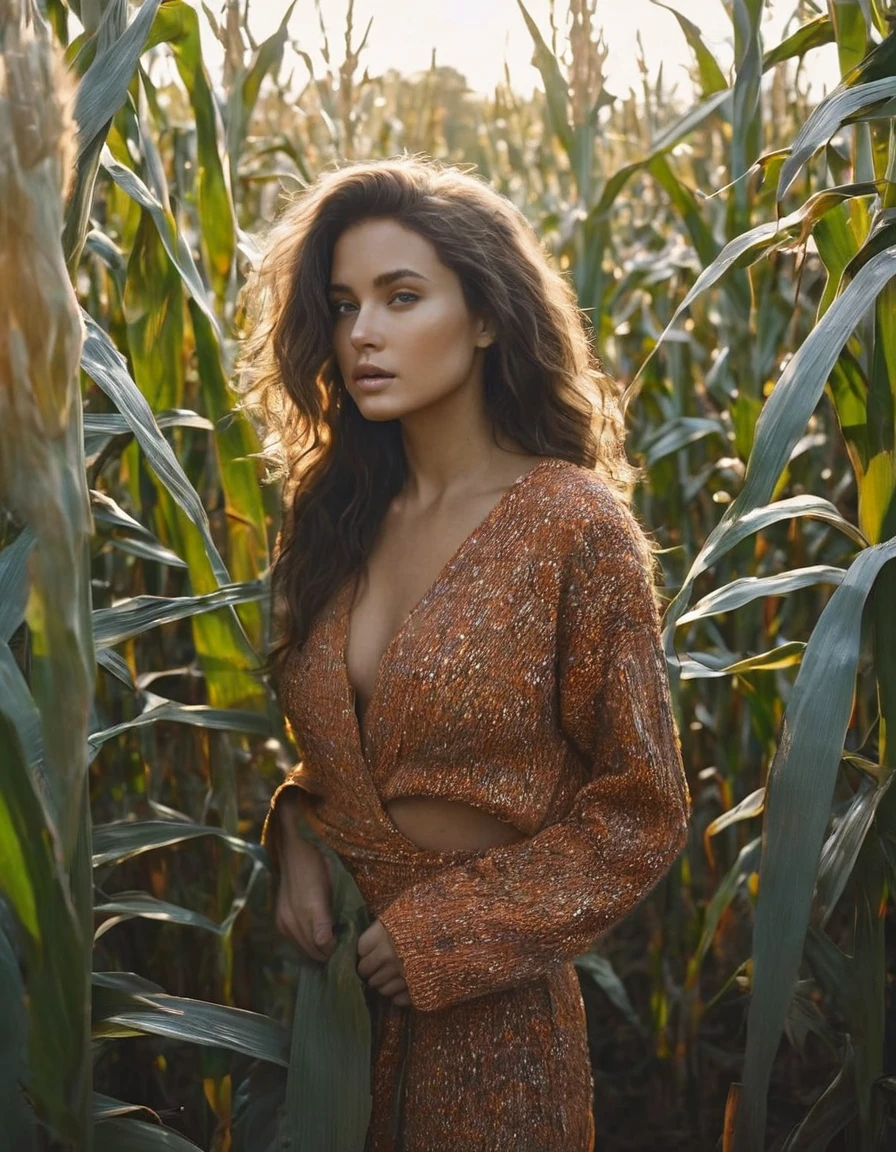 (Dramatic full shot:1.4), (Best quality:1.4),(dynamic angle:1.3), 25y, (chubby:1.3), 1uzbek girl, wearing ((orange sweater torn dress)), big breast, wavy hairstyle blowing in the wind, summer, dark moody, beautiful shadow and sunlight, intricate posing, standing in the garden with (dry corn plants:1.5), aesthetic atmosphere, kodacrhome, cinematic lighting, masterpiece composition, realistic face and eyes, realistic skin, ultra highly detailed, sharp focus, beautiful film bokeh, surreal view, shot by zenit camera with 35mm lens, Portrait by annie leibovitz, in 2024