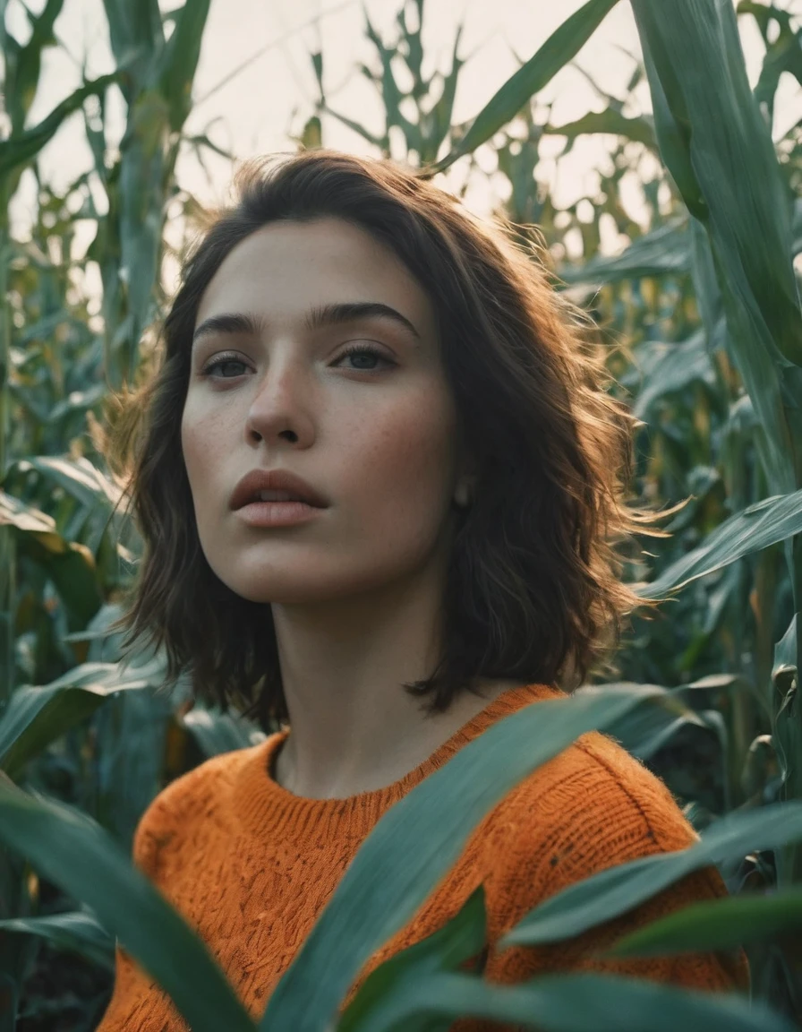 (Dramatic full shot:1.4), (Best quality:1.4),(dynamic angle:1.3), 25y, (chubby:1.3), 1uzbek girl, wearing ((orange sweater torn dress)), big breast, wavy hairstyle blowing in the wind, summer, dark moody, beautiful shadow and sunlight, intricate posing, standing in the garden with (dry corn plants:1.5), aesthetic atmosphere, kodacrhome, cinematic lighting, masterpiece composition, realistic face and eyes, realistic skin, ultra highly detailed, sharp focus, beautiful film bokeh, surreal view, shot by zenit camera with 35mm lens, Portrait by annie leibovitz, in 2024