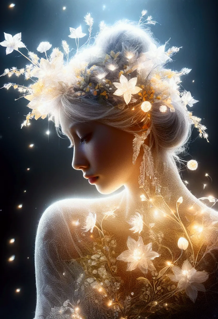 Tinkerbell made of gold, Various small flowers and plants made of light, Ultrafine particles shining in the air_Tinkerbell centr...