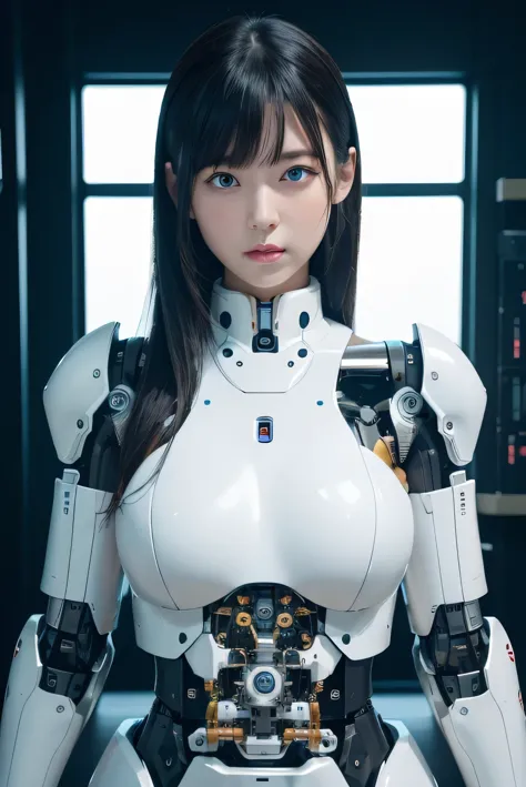 masterpiece, best quality, extremely detailed, 8K portrait,1girl in, Japaese android girl,android teacher,Plump , control panels,android,Droid,Mechanical Hand, ,Robot arms and legs, Black hair,Mechanical body,Blunt bangs,White Robotics Parts,perfect robot woman,Charging spot,perfect mechanical body,white robotics body,android assembly plant,white body,She has repaired,black sponge joints,android,laboratory,perfect machine body,white robot body,blue eyes