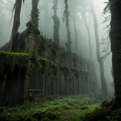 The ruins are covered in overgrown vegetation, with moss and vines creeping over the old stone structures. A perpetual, eerie mi...