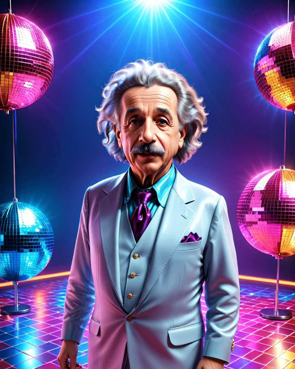 disco theme "albert einstein 3d model, houdini 3d rendering, houdini rendering, Senior 3D Rendering Artist, rendered in houdini, Realistic 3d character, houdini renderinging, einstein, rendered in maya and houdini, portrait of einstein, albert einstein, frown :: octane rendering, portrait of albert einstein, 8k 3D rendering character art" . Vibrant, cool, Retro style of the 70s, shiny disco balls, neon lights, dance floor, highy detailed