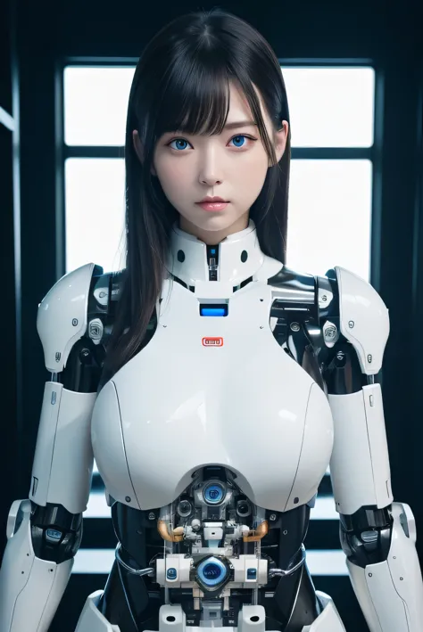 masterpiece, best quality, extremely detailed, 8K portrait,1girl in, Japaese android girl,android teacher,Plump , control panels,android,Droid,Mechanical Hand, ,Robot arms and legs, Black hair,Mechanical body,Blunt bangs,White Robotics Parts,perfect robot woman,Charging spot,perfect mechanical body,white robotics body,android assembly plant,white body,She has repaired,black sponge joints,android,laboratory,perfect machine body,white robot body,blue eyes