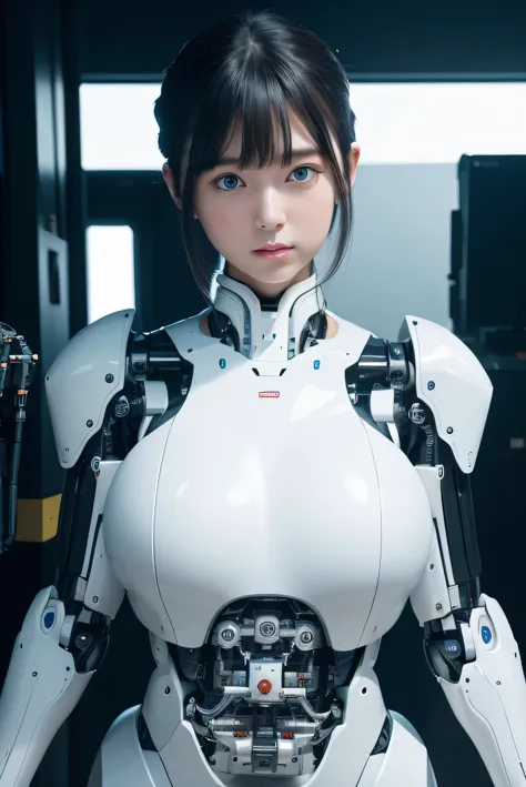 masterpiece, best quality, extremely detailed, 8K portrait,1girl in, Japaese android girl,android teacher,Plump , control panels,android,Droid,Mechanical Hand, ,Robot arms and legs, Black hair,Mechanical body,Blunt bangs,White Robotics Parts,perfect robot woman,Charging spot,perfect mechanical body,white robotics body,android assembly plant,white body,She has repaired,black sponge joints,android,laboratory,perfect machine body,white robot body,blue eyes