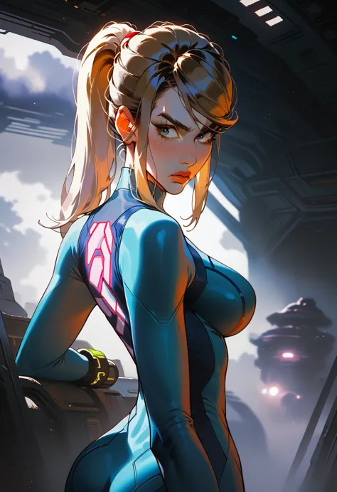 samus aran, looking annoyed, from behind, looking back, raised eyebrow, zero suit, large breasts, big ass, close up, dark painti...