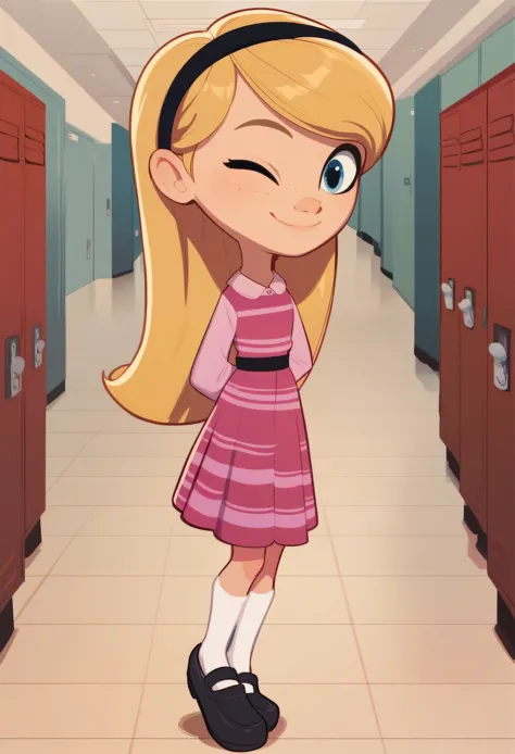 1girl, full body, solo, penny peterson, long hair, blue eyes, freckles, blonde hair, skirt, hairband, black hairband, white long tube socks, dress, pink dress, long sleeves, score_9,score_8_up,score_7_up,score_6_up,score_5_up, smile, cute smile, closed mouth, arms behind back, standing, one eye closed, school, hallway, school lockers,