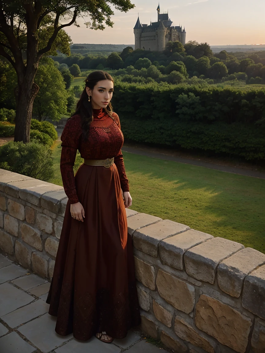 Gorgeous and sultry busty athletic (thin) brunette queen with sharp facial features wearing a modest updo, dark red medieval dress, long sleeves, intricate patterns, scrollwork, wide neck, crown, veil, long dress, modest dress, tight bodice, silver belt, (waist chain), medieval jewelry, Middle Ages, castle, rampart, wall, exterior, on top of a castle wall, trees, countryside, evening, sunset.