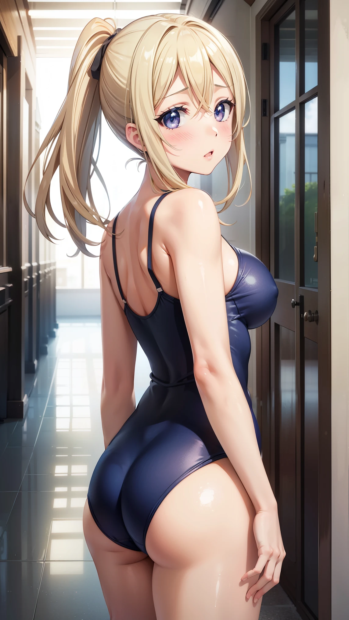 1girl, natural lighting, masterpiece, highly detailed, illustration, game CG, absurdres, high quality, beautiful detailed eyes, glossy lips, natural lighting, medium breasts, blonde hair, ponytail, long bangs, hair between eyes, arisa ayase, aahiyori, from behind, looking back at viewer, blush, surprised, shocked, school hallway, one-piece swimsuit, 