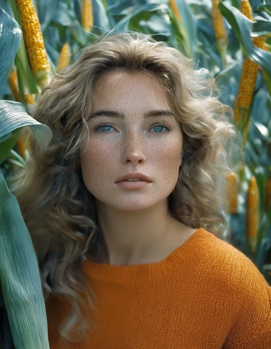 (Dramatic full shot:1.4), (Best quality:1.4),(dynamic angle:1.3), 25y, (chubby:1.3), 1uzbek girl, wearing ((orange sweater torn dress)), big breast, wavy  bun hairstyle blowing in the wind, summer, dark moody, beautiful shadow and sunlight, intricate posing, standing in the garden with (dry corn plants:1.5), aesthetic atmosphere, kodacrhome, cinematic lighting, masterpiece composition, realistic face and eyes, realistic skin, ultra highly detailed, sharp focus, beautiful film bokeh, surreal view, shot by zenit camera with 35mm lens, Portrait by annie leibovitz, in 2024