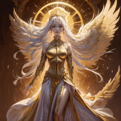 Art of a goddess wearing a sun crown looking down on mortals, Wearing a gorgeous golden breastplate that exposes a small amount ...