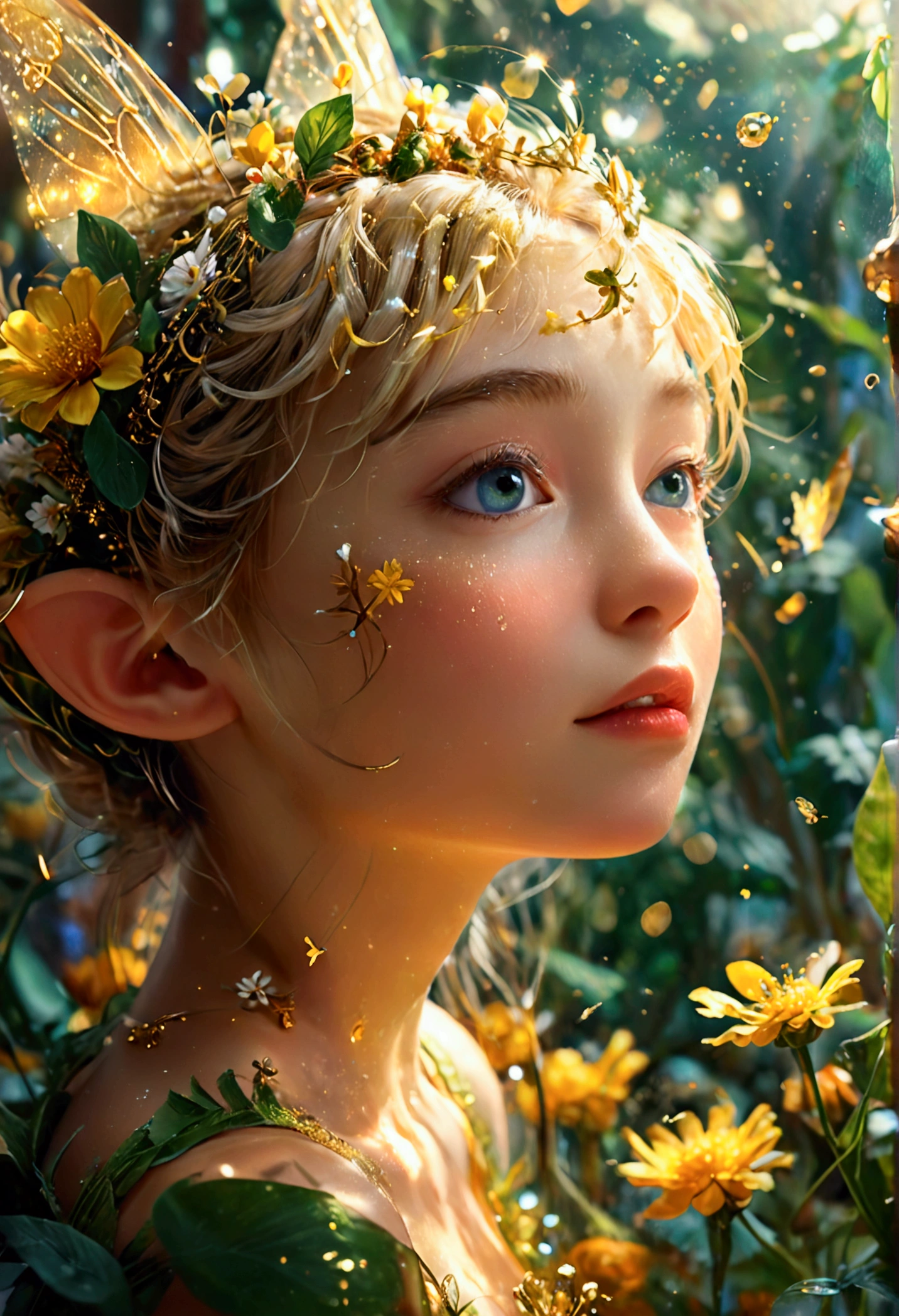 Illustration, extreme detail, Tinkerbell made of gold, Various small flowers and plants made of light, Ultrafine particles shining in the air_Tinkerbell central close-up angle, Mysterious background with tiny particles emitting natural light, ultra high resolution, 8k, very detailed details, Product detailed image, surreal photo, the greatest masterpiece:1.2, Glowing particles spreading in the air, 