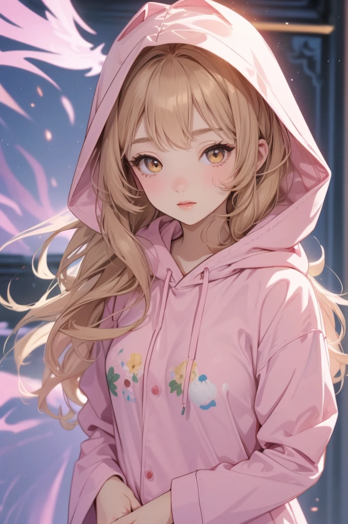 adult  woman, Age 22; long hair, pretty and pink, curly hair; (yellow eyes), angelic and beautiful face with flushed cheeks, rosto ultra detaild; (( wearing cute brown kigurime hooded pajamas )); best qualityer, ultra detaild, best resolution, 4K, soft strokes, role model, work of art, closes; dimly lit room in the background, focus on the character, blurry background 