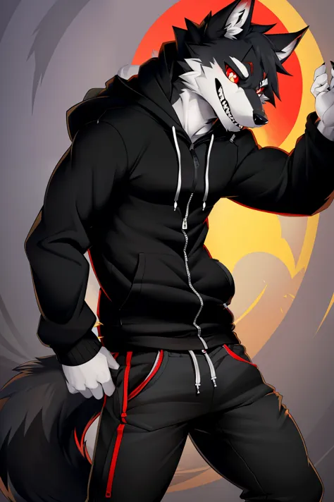 (4k , ultra detailed , flat colored)Furry werewolf , black wolf，Wear a black zip up hoodie，((hoodie is unzipped)) , dark grey pants , wolf tail , 1tail , tail on waist , barefoot , malicious grin , blood red eyes , silver eye whites , slitted pupils , front side view , 