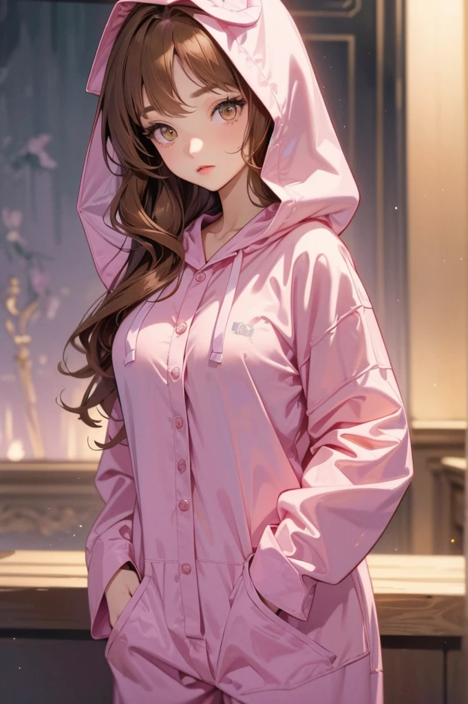 adult  woman, Age 22; long hair, pretty and pink, curly hair; (yellow eyes), angelic and beautiful face with flushed cheeks, rosto ultra detaild; (( wearing cute brown kigurime hooded pajamas )); best qualityer, ultra detaild, best resolution, 4K, soft strokes, role model, work of art, closes; dimly lit room in the background, focus on the character, blurry background 