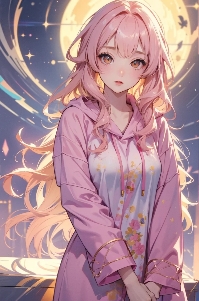 adult  woman, Age 22; Cute pink long hair, curly hair; (beautiful and yellow eye), angelic and beautiful face with flushed cheeks, rosto ultra detaild; (( wearing cute kigurime hooded pajamas )); best qualityer, ultra detaild, best resolution, 4K, soft strokes, role model, work of art, closes; dimly lit room in the background, focus character, blur background