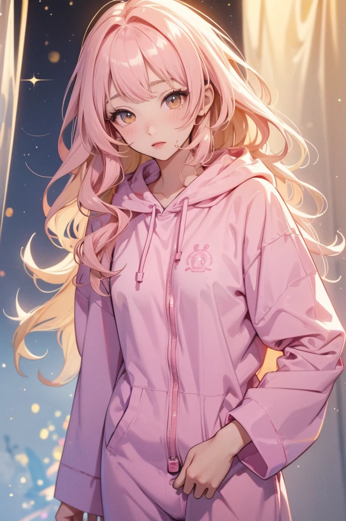 adult  woman, Age 22; Cute pink long hair, curly hair; (beautiful and yellow eye), angelic and beautiful face with flushed cheeks, rosto ultra detaild; (( wearing cute kigurime hooded pajamas )); best qualityer, ultra detaild, best resolution, 4K, soft strokes, role model, work of art, closes; dimly lit room in the background, focus character, blur background