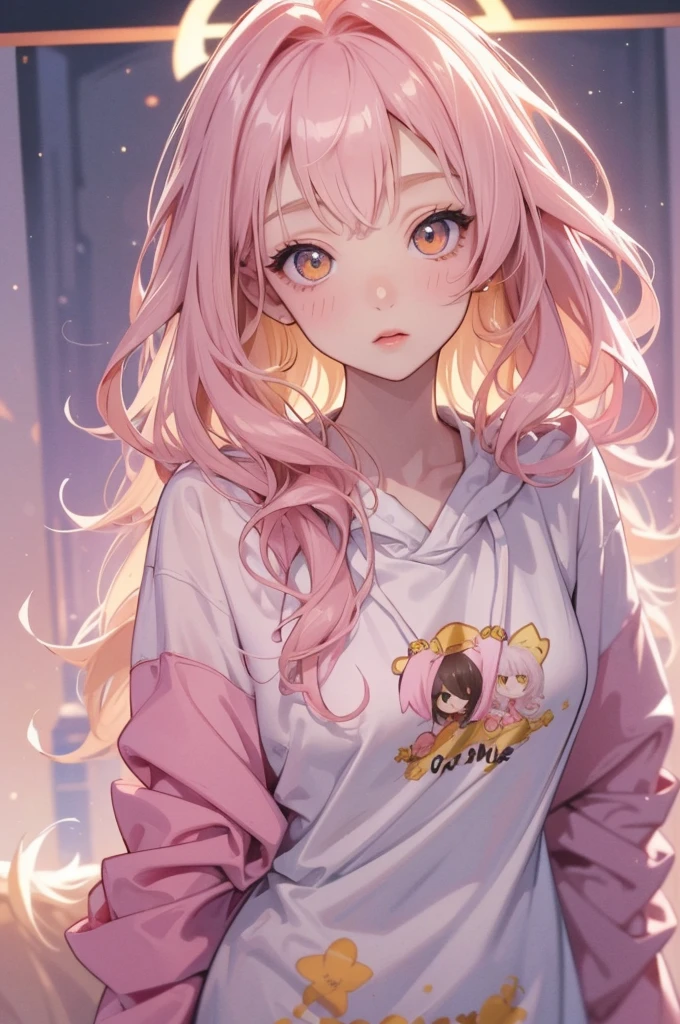 adult  woman, Age 22; Cute pink long hair, curly hair; (beautiful and yellow eye), angelic and beautiful face with flushed cheeks, rosto ultra detaild; (( wearing cute kigurime hooded pajamas )); best qualityer, ultra detaild, best resolution, 4K, soft strokes, role model, work of art, closes; dimly lit room in the background, focus character, blur background