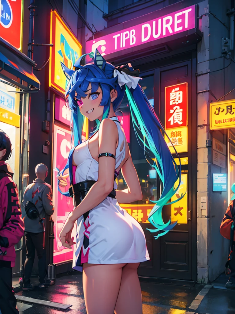 (​masterpiece、top-quality、hight resolution、Unity 8k Wallpaper、extremely details CG:1)、A bustling nightlife district with bright neon signs and colorful storefronts. In front of a sex establishment, a glamorous sex worker stands, dressed in a revealing and eye-catching outfit. She is engaging passersby, handing out flyers and smiling invitingly. The storefront is adorned with vibrant posters and flashy neon lights, creating an energetic and lively atmosphere. People are walking by, some glancing curiously at the establishment while others hurry past.  nsfw, Twin_Turbo_Umamusume, aqua hair, twintails, heterochromia, purple eyes, blue eyes, sharp teeth, nsfw, short stature, small breasts