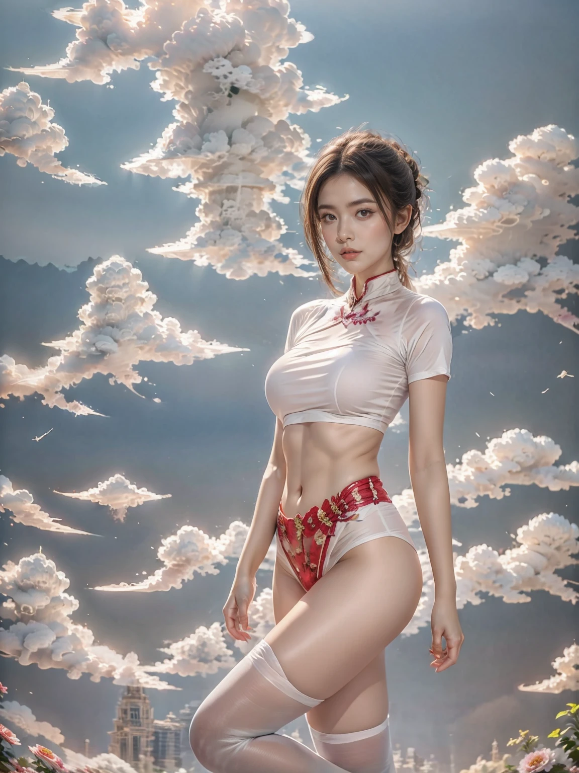 zhongfenghua, 1 Girl, only, Hanfu, antique_China_architecture, Full body shot, Flower Field, Floral, (White smoke:1.3) (Realistic Portraits:1.4), legwear，tangled, Mandala, twist, Official Art, Unity 8k Wallpaper, Ultra Detailed, Beautiful and beautiful, masterpiece,best quality, (Dynamic Angle:1.4), Shiny skin, (Colorful sparks floating:1) The most beautiful form of chaos, elegant, Barbarian design, Vibrant colors, Exotic romance, Depth of Field._dance, Red flowers，legwear