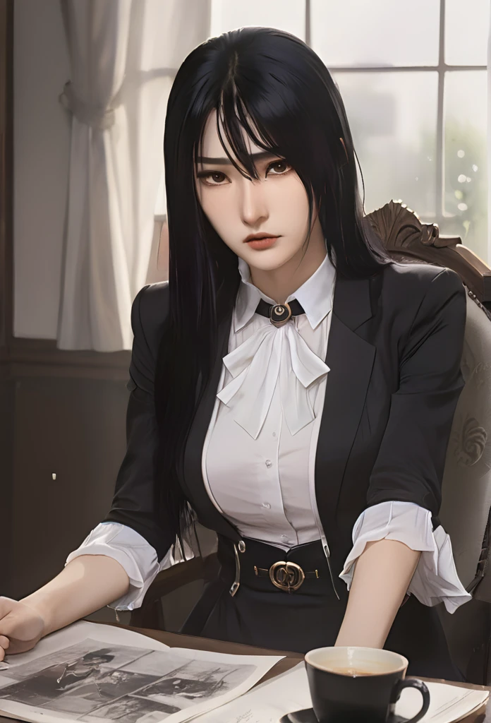 (masterpiece high quality, modern clothes) Arcane, caitlyn, black hair, 1girl, long hair, bangs, black attire, normal , messy hair, white top suit, black clothes, anime style character, highly detailed exquisite fanart, realistc anime
