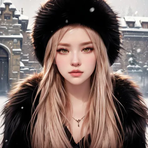 a closeup of a woman with long hair and a fur hat, in bowater art style, guweiz style artwork, charlie bowater style, winter pri...