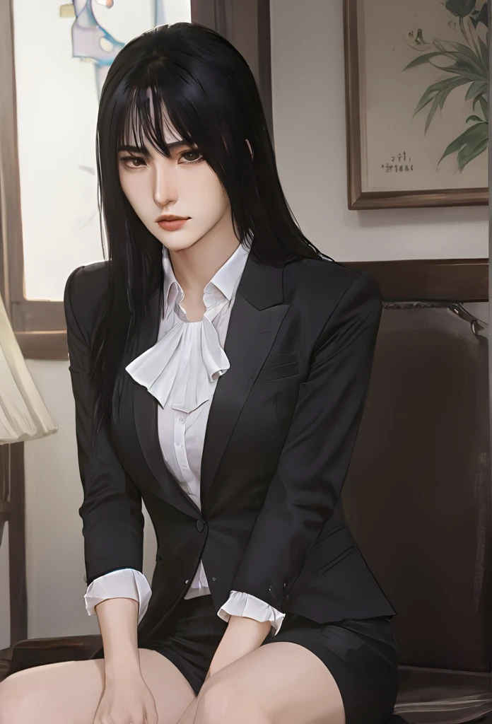 (masterpiece high quality, modern clothes) Arcane, caitlyn, black hair, 1girl, long hair, bangs, black attire, normal , messy hair, white top suit, black clothes, anime style character, highly detailed exquisite fanart, realistc anime
