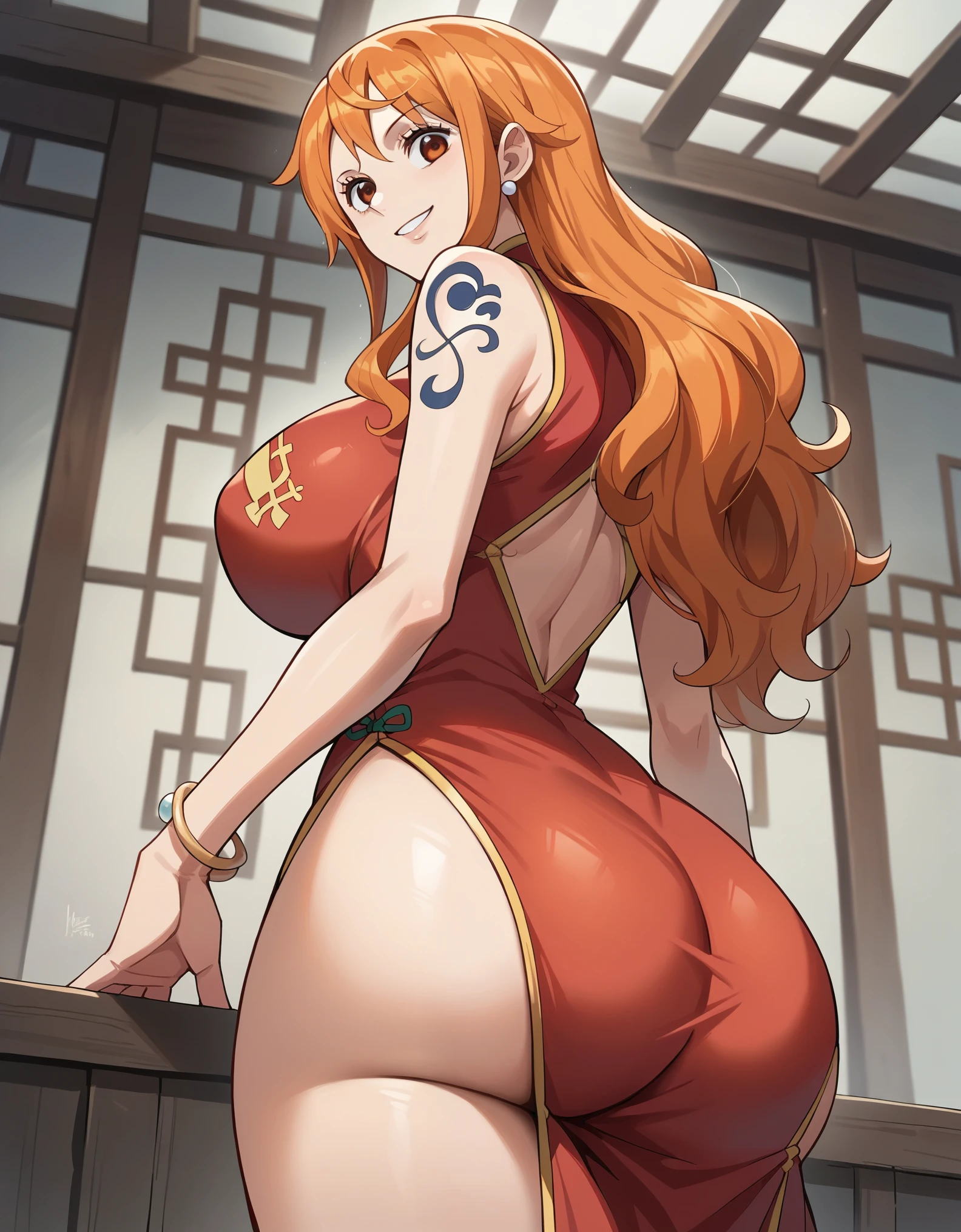 score_9, score_8_up, score_7_up, source_anime, best quality, clear face, Nami, orange hair, orange eyes, long hair, large breasts, perfect body, looking at viewer, smile, china dress, red clothes, indoor, standing, dynamic angle, from behind, big ass, low angle