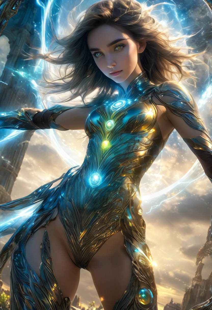 (1 beautiful teenage Italian-Japanese girl),(wears iridescent bodysuit with beautiful fractal or marble design:1.5),(She wears gauntlets with a detailed and very beautiful design decorated with jewels:1.6), dynamic posing, ((She is showing her armpits:1.6)), incredibly spectacular scene, ((high quality)), ((fantasy)), blue plasma brain, green plasma body, obscene, average, (despicable:1.2), (immoral:1.2), (Small breasts with beautifully raised pink areolas:1.5), (expression of ecstasy:1.2), hyper realistic photo, official art, Unity 8K Wallpaper, 8K portrait, high quality, very high resolution, (incredibly beautiful nature background:1.6), (18-year-old:1.5), (sexy and glamorous:1.1), (coquettish expression:1.6), (smile seductively:1.6), (erotic pose:1.9), (model pose:1.8), beautiful seductive face, portrait, (thick eyebrows:1.4), Beautiful eyes with high bilateral symmetry, (highly detailed eyes:1.4),(highly detailed face and eyes:1.7), (High resolution yellow greeneyes:1.8),  (Super detailed skin texture:1.4), super detailed pale skin, perfect anatomy, thin, (Beautiful muscular toned body:1.6), highly detailed platinum hair,  (moist skin:1.2), no makeup, (Bear:1.1), excellent anatomy, Focus plane, good looking, (Emilia clarke:0.1) (Emma watson:0.3),(Jennifer connelly:0.24),  (A delicately crafted necklace is wrapped around her neck), (Bioluminescence with a brilliant glow:1.4), (Shining magic circle:1.5), ruins of an ancient castle, Shining majestic clouds and sky, lightning, spectacular realistic, (Greg latkowski:0.8), (teal and orange:0.4), (art station:1.5), cinematic, (NSFW:1.6), dramatic light, (intricate details:1.1), Focus on fully armored body