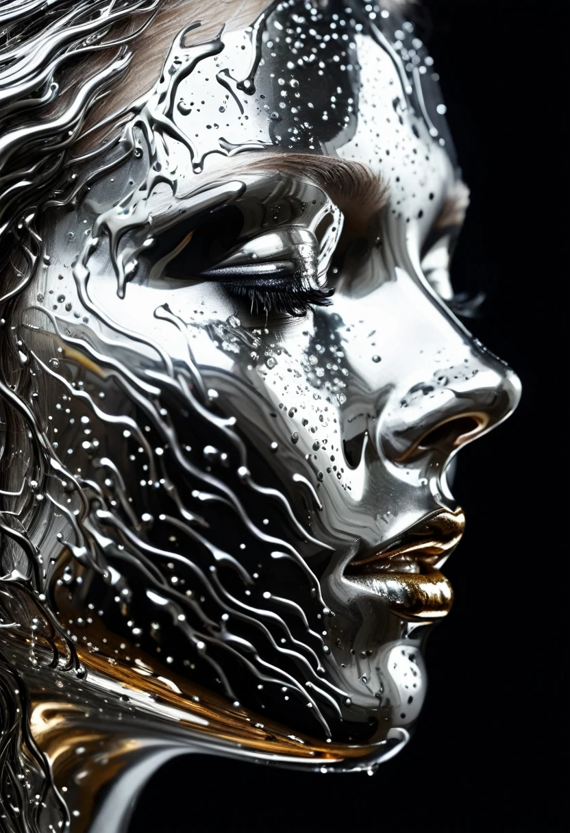 Portrait en gros plan fascinant d&#39;un visage féminin, Une dichotomie unique. Le côté gauche est lisse, Machines à métaux liquides, S&#39;écoule et coule de manière dynamique comme une entité vivante. Paillettes métalliques fluides，réflexion, Créer l&#39;illusion de profondeur et de mouvement. côté droit de, Un contraste saisissant, Toujours naturel, Visage humain doux, Pas influencé par le futurisme. La transition entre les deux moitiés se fait en douceur, Mais évidemment, Captez l&#39;attention de votre public. femme&#39;ses yeux expressifs, Transmettre un sentiment de mystère et d’autre monde. Ses cheveux coulaient, Encadrer le visage，Mettre en valeur la fusion unique de l’homme et de la machine. L&#39;arrière-plan s&#39;assombrit progressivement, Des teintes mystérieuses, Que l&#39;accent soit entièrement mis sur la femme&#39;le visage et ses changements dramatiques.

