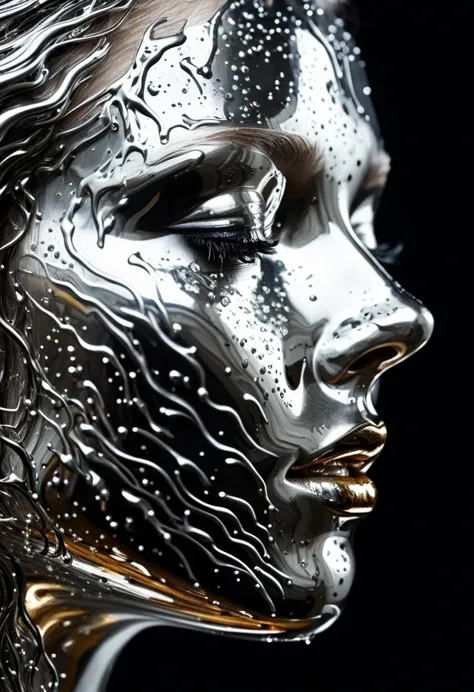 Mesmerizing close-up portrait of female face, A unique dichotomy. The left side is smooth, Liquid Metal Machinery, Drips and flo...