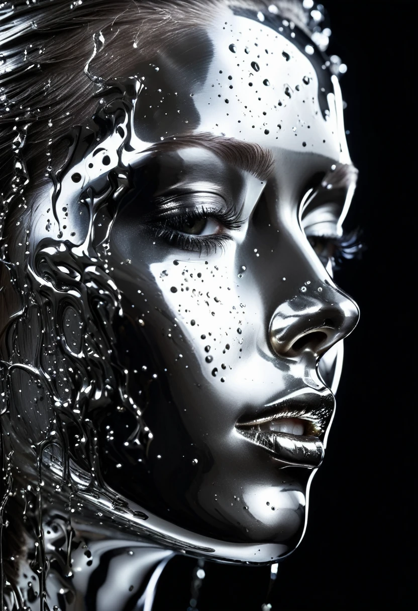 Mesmerizing close-up portrait of female face, A unique dichotomy. The left side is smooth, Liquid Metal Machinery, Drips and flows dynamically like a living entity. Fluid metal glitters，reflection, Creating the illusion of depth and movement. right side of, A sharp contrast, Still natural, Soft human face, Not influenced by futurism. The transition between the two halves is seamless, But obviously, Capture your audience’s attention. Woman&#39;s expressive eyes, Convey a sense of mystery and otherworldliness. Her hair flowed, Frame the face，Highlighting the unique fusion of man and machine. Background gradually darkens, Mysterious hues, Let the focus be entirely on the woman&#39;s face and her dramatic changes.

