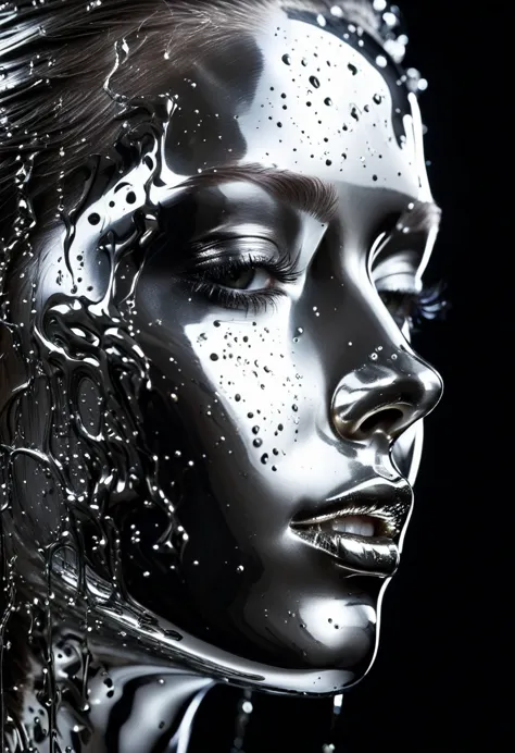 Mesmerizing close-up portrait of female face, A unique dichotomy. The left side is smooth, Liquid Metal Machinery, Drips and flo...
