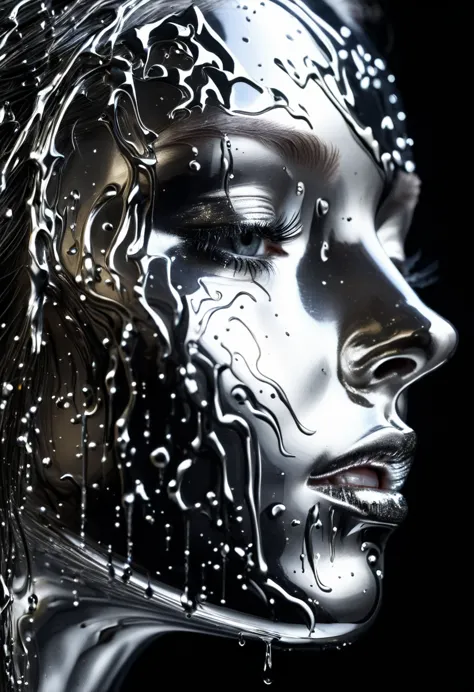 Mesmerizing close-up portrait of female face, A unique dichotomy. The left side is smooth, Liquid Metal Machinery, Drips and flo...