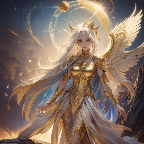Art of a woman wearing a sun crown looking down on mortals, Wearing a gorgeous golden breastplate that exposes a small amount of...
