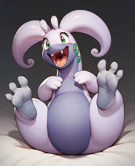 Goodra, Pokémon, whole body, original pokemon design, Alone, showing soles, big toes, gray soles , big toes. Raising and Showing Feet to the screen. Roaring. Front view
