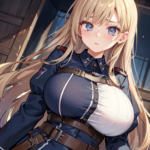 A girl who wears military clothes, brown heirs, gigantic breasts, anime cartoon, german third reich, long heirs,((highest quality)), ((masterpiece)),details, bleu eyes