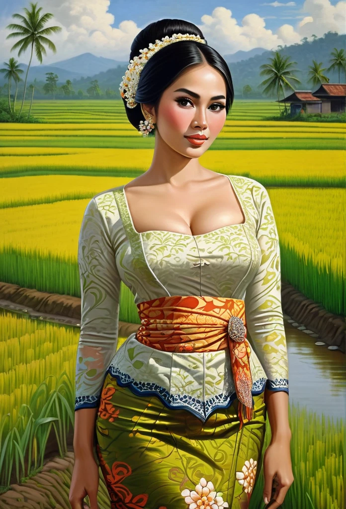 beautiful busty javanese peasant woman donning a brocade kebaya dress and batik long skirt, simple bun hairdo with small beautiful flowers in her hair, insanely detailed and intricate rice field background, oil on canvas painting, realistic style, heavily influenced by Don Lawrence photorealistic brush stroke style, huge chest, large breast, no bra, nipples standing out, nude naked, sexy , plump, Open clothes, big breasts sticking out , Chest open, 