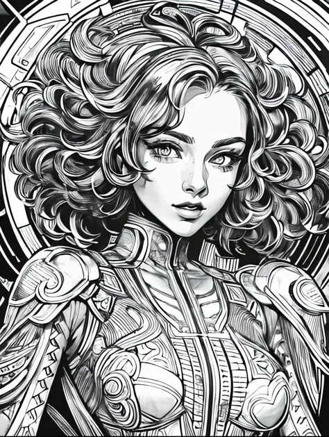 (Black and white coloring book:1.5), line drawings, masterpiece, best quality, ultra-detailed, high resolution, Very detailed face, (Eyes clear and distinct lines), Hair is white color, Upper body shot, A woman wearing a space age dress with futuristic design and metallic material, The background is space, Hyper detailed crisp black line draw, ((simple white color))