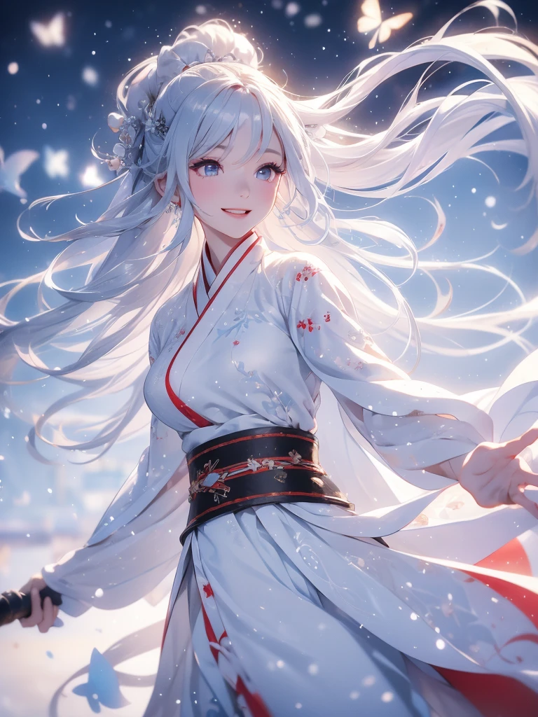 Meilleure qualité, Qualité d&#39;image 4K, 1fille, hanfu blanc, neige, cheveux longs flottant au vent, sourire de guérison, Grande ouverture, Arrière-plan flou