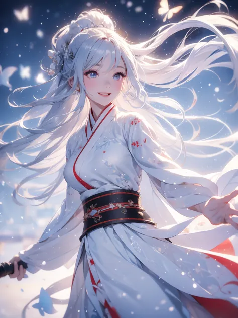 Best quality, 4K picture quality, 1girl, white Hanfu, snow, long hair fluttering in the wind, healing smile, large aperture, blu...