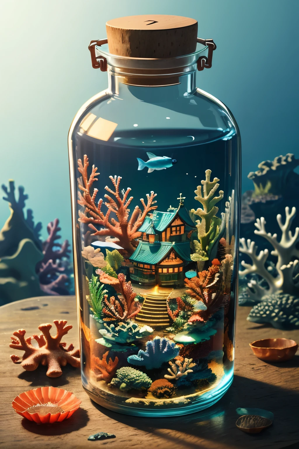 Thick glass, Weathered, Atmospheric Oliva lighting, 波に流されるBottle, 8K Ultra HD, Dark Resonance, 超detailedな, Vibrant colors, A magnificent composition, Octane Rendering, Sharp focus, detailed, Complex, (reflection, refraction, caustic: 0.6), (High resolution equirectangular projection), 16K, Tabletop,Highest quality,(castle town, pay, Bottleに閉じ込められた風景:1.3),High Reality,In a glass bottle,Bottle,(Ocean Background、Coral Reef,Glass bottle sinking to the bottom of the sea:1.5)、